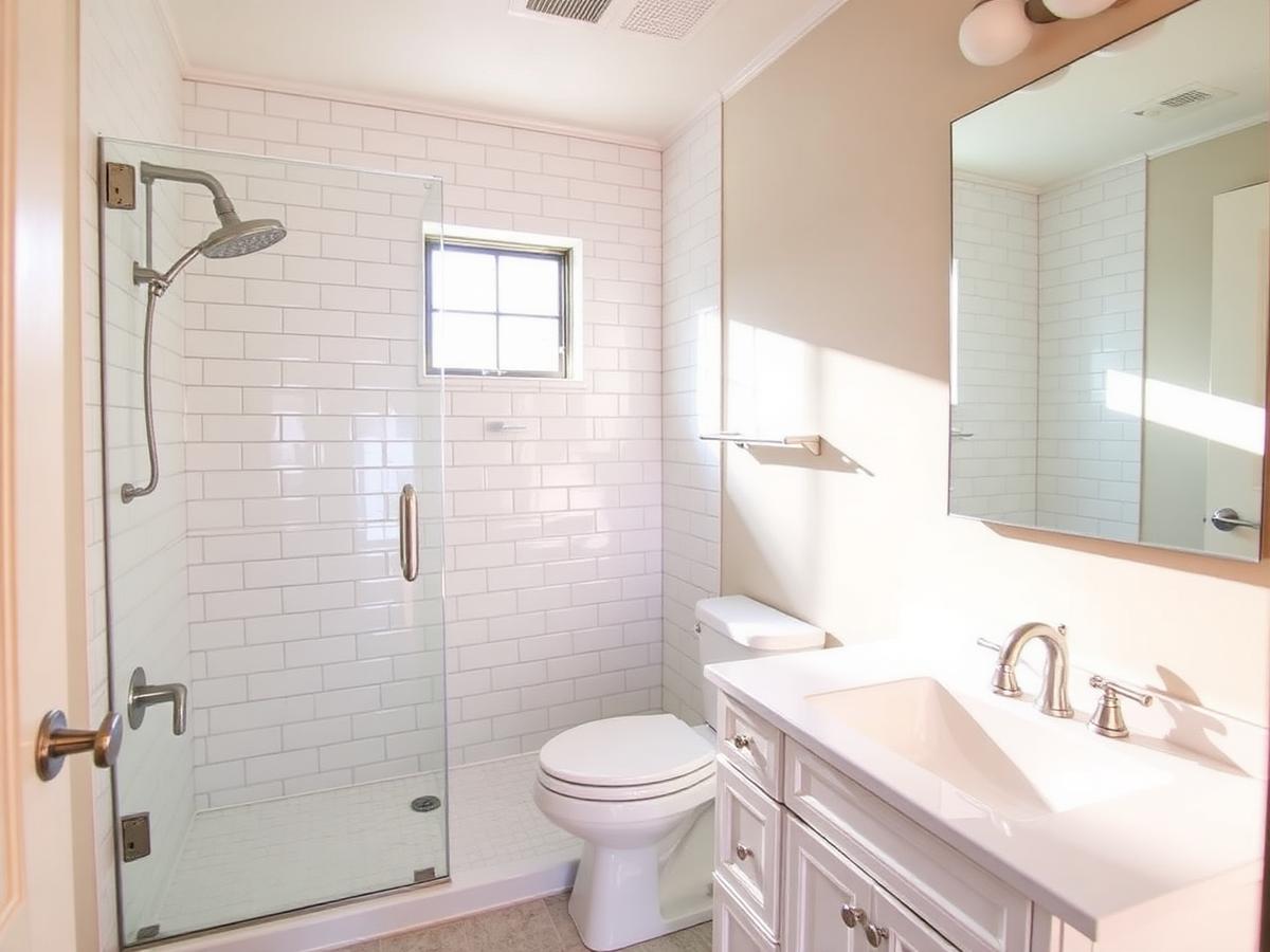 Renovated bathroom with tiled shower and new vanity