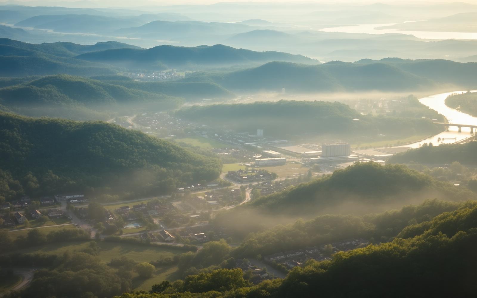 Aerial view of East Tennessee neighborhoods and rolling hills near Knoxville