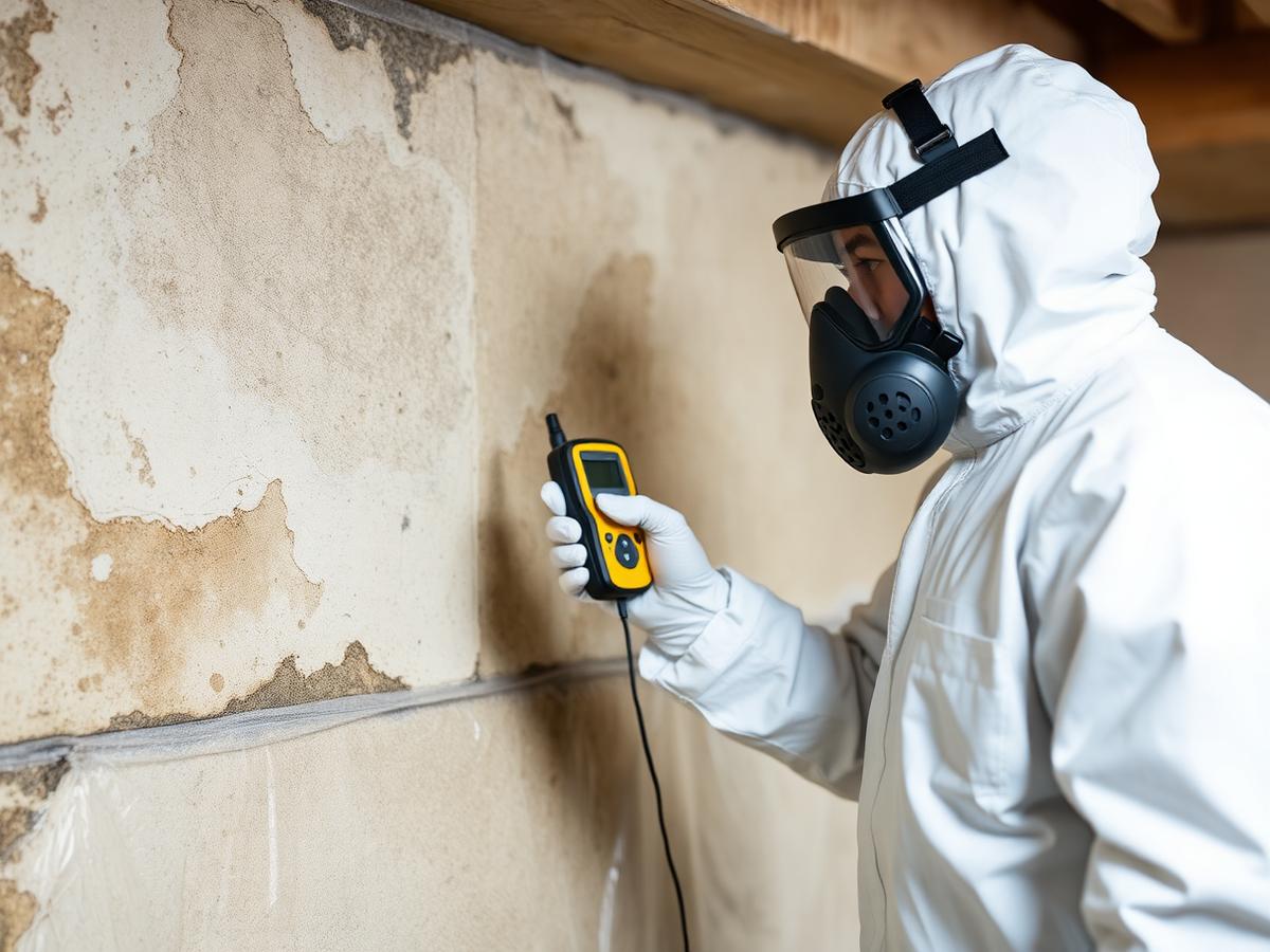 Specialist inspecting a basement wall for moisture and mold