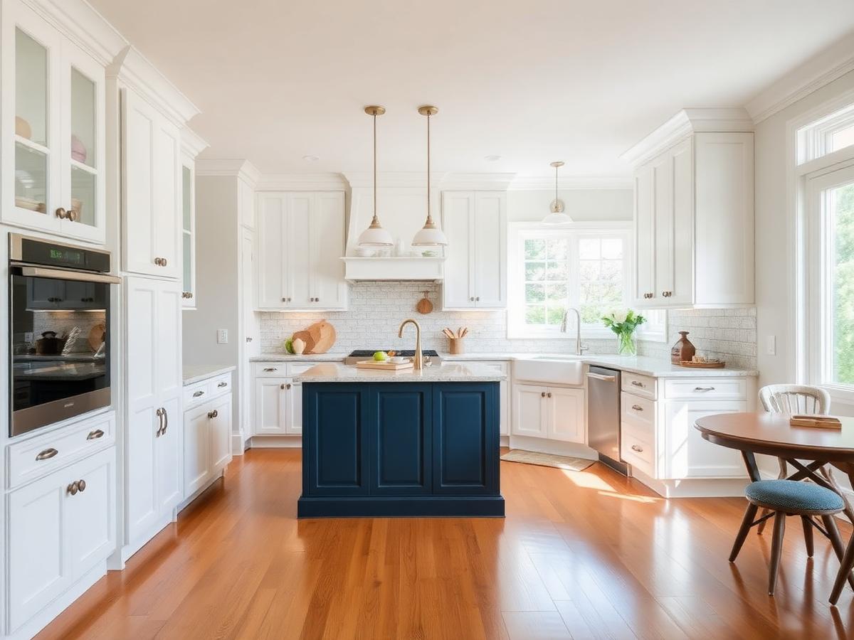 Remodeled kitchen with white cabinets and a navy island