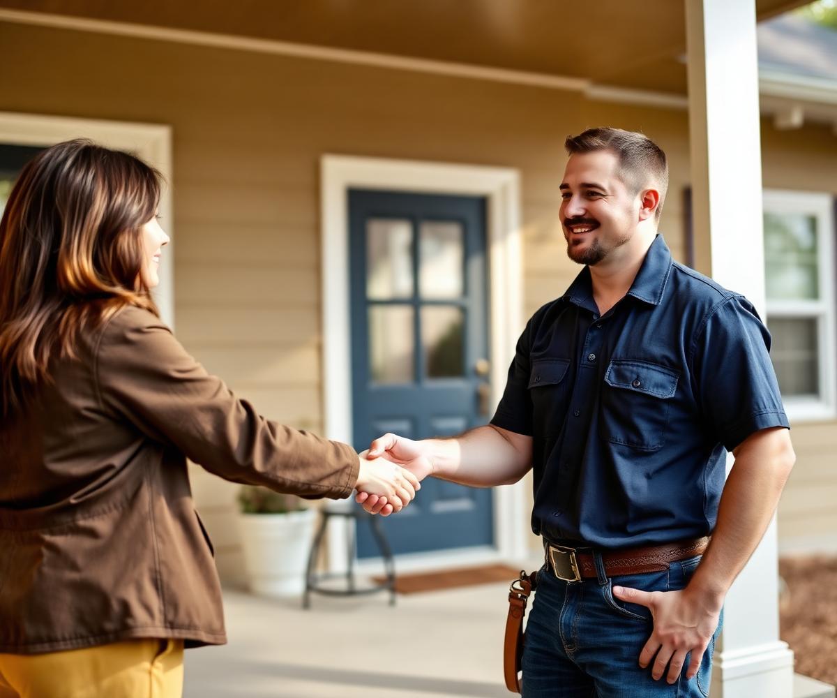 Contractor greeting a homeowner on their front porch